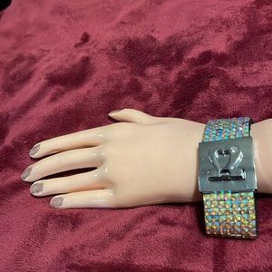 Jeweled bracelet w/heart closure silver colored sparkly iridescent jeweled band